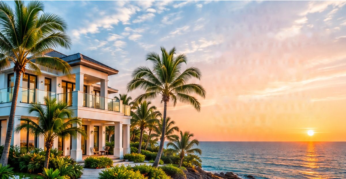 Coastal Florida home among palm trees at sunrise