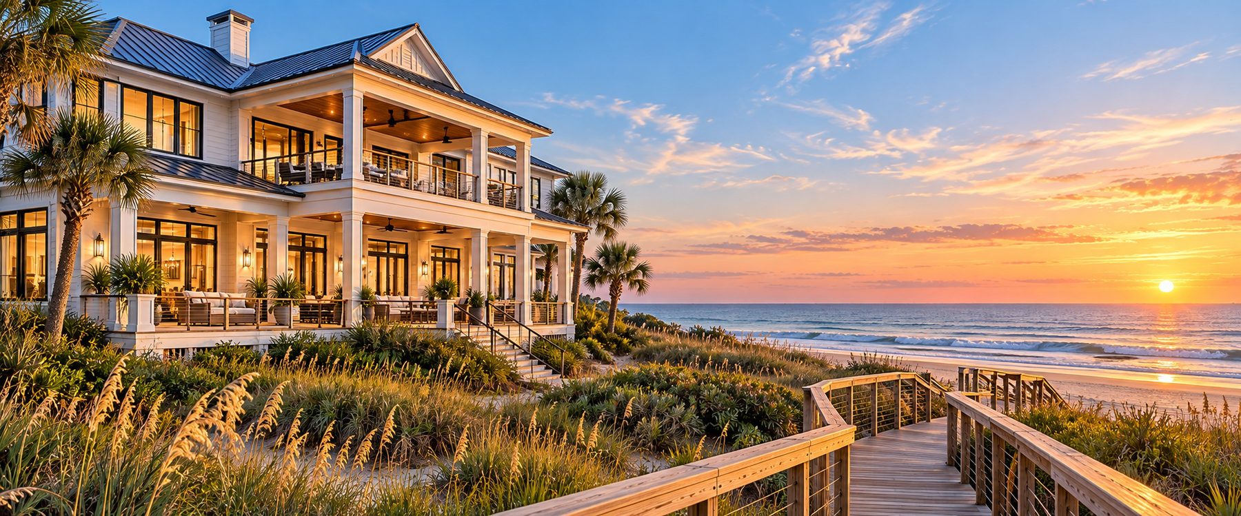 Oceanfront home at sunset with a boardwalk through the dunes